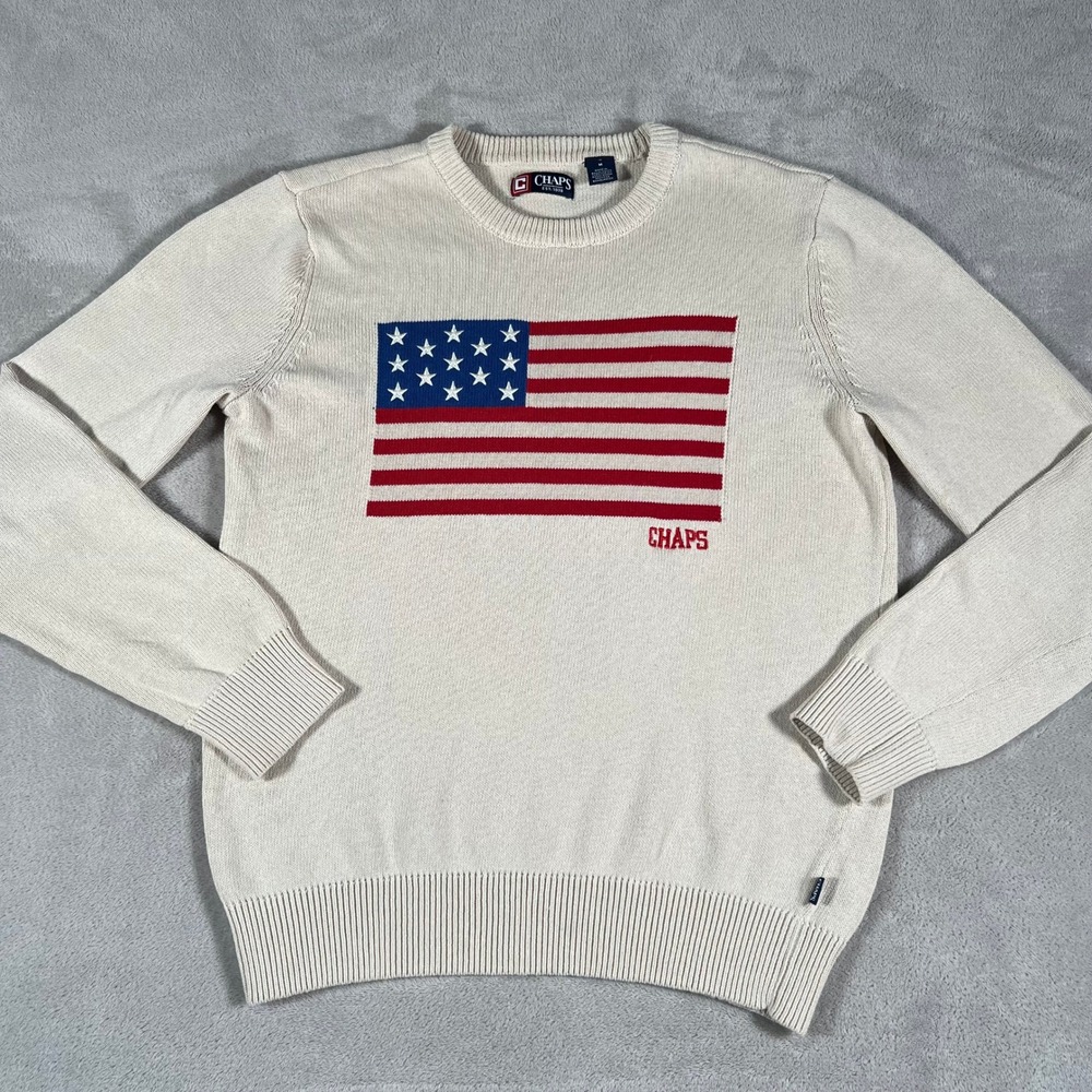 Chaps American Flag Crewneck Sweater Men's Medium Cream Knit Patriotic Pullover